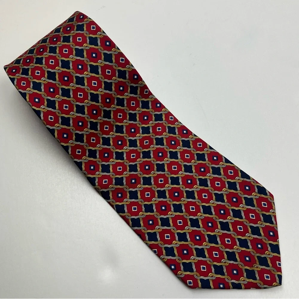 Oleg Cassini Mens Red‎ Blue Geometric Patterned 100% Silk Neck Tie Office